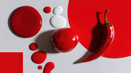 This captivating image features a vibrant red chili pepper alongside glossy paint drops on a white and red background. Perfect for conveying creativity, cuisine, and art concepts.の素材