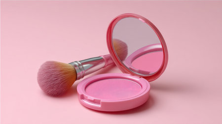Discover a beautiful arrangement of pink makeup tools featuring a round blush and soft brush, perfect for beauty and cosmetics photography.の素材