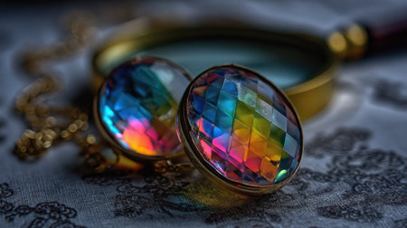 This exquisite vintage brooch features colorful faceted gemstones and reflects light beautifully, set against an antique background. Perfect for showcasing elegance and craftsmanship in jewelry photography.の素材