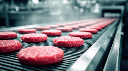 Freshly prepared raw hamburger patties arranged on a conveyor belt in a busy commercial processing facility, ready for cooking.の素材
