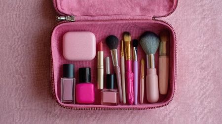 A pink cosmetic case filled with essential makeup tools and products such as brushes, lipsticks, and nail polishes, perfect for beauty lovers.の素材