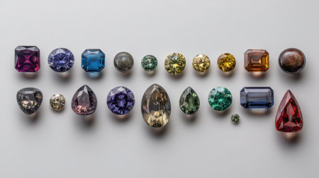 Vibrant collection of gemstones showcased in various shapes and colors, reflecting light beautifully on a neutral surface, ideal for design projects.の素材