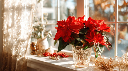 A beautifully arranged red poinsettia plant sits on a sunny windowsill, radiating warmth and holiday cheer surrounded by elegant decorations.の素材