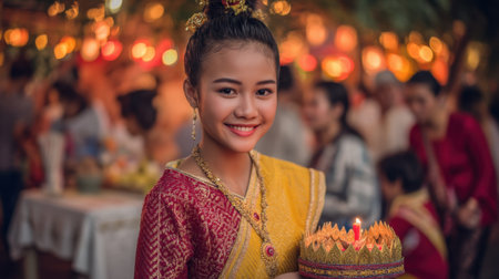 A joyous young girl dressed in traditional attire holds a beautifully crafted candle lantern at a vibrant festival. This captivating scene captures the essence of cultural celebration and youthful happiness amidst twinkling lights.の素材