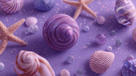 A stunning arrangement of colorful sea shells and starfish on a gentle purple background, showcasing textures and a tranquil coastal vibe.の素材