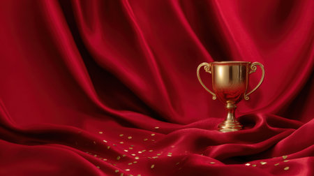A stunning golden trophy is placed on luxurious red satin fabric, adorned with scattered confetti, creating a perfect backdrop for awards and celebrations.の素材
