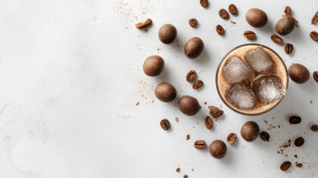 A stylish glass of iced coffee filled with ice cubes sits surrounded by coffee beans and chocolate candies, perfect for summer refreshment.の素材