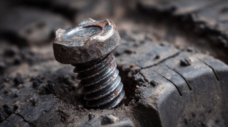 A close-up image showcasing a rusted bolt embedding itself into a weathered tire tread, illustrating gritty textures and industrial details.の素材