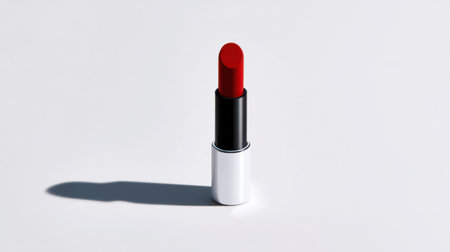 A striking red lipstick stands elegantly against a minimalist backdrop, showcasing its smooth texture and modern design elements, perfect for beauty branding.の素材