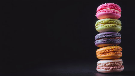 A visually appealing arrangement of vibrant macarons stacked against a dark background, highlighting their unique flavors and textures. Ideal for culinary inspiration.の素材