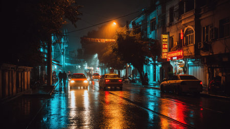 A captivating urban night scene featuring glowing neon lights and reflections on a rain-soaked street. Pedestrians stroll among vintage buildings, creating a lively yet serene atmosphere.の素材