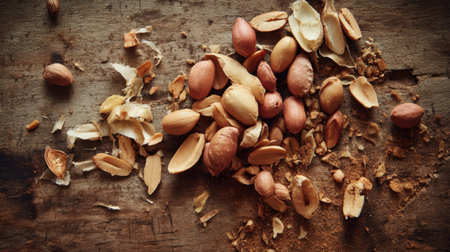 This image captures raw unshelled peanuts scattered on a rustic wooden surface, showcasing their natural texture and earthy tones for culinary use.の素材