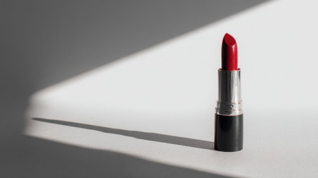 A striking red lipstick positioned on a white surface, enhanced by natural light and shadows, creating a captivating beauty scene that emphasizes elegance and style.の素材