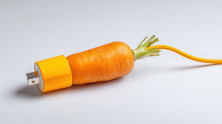 This imaginative image showcases a carrot with a USB connector, blending elements of nature and technology in a playful and creative manner.の素材