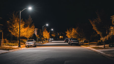 A serene urban night scene showcasing a quiet residential road lined with illuminated street lights and vibrant trees, inviting tranquility.の素材