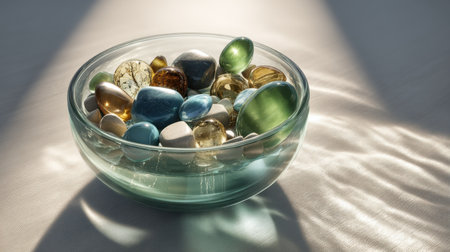 A stunning glass bowl filled with assorted colorful stones showcases gentle reflections and natural light, creating a calming and serene atmosphere.の素材