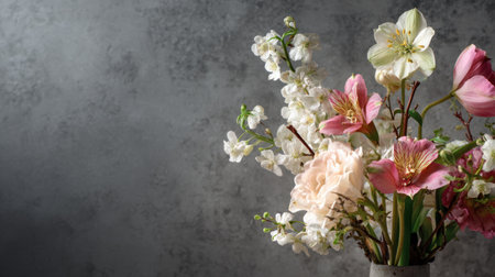 A stunning floral arrangement featuring soft pastel colors and various blooms, set against a textured gray background, perfect for artistic use.の素材
