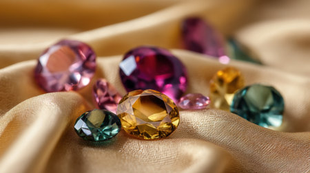 A breathtaking arrangement of colorful gemstones displayed elegantly on soft, luxurious silk fabric, emphasizing their beauty and shine.の素材