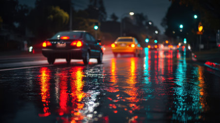 A captivating rainy night scene featuring cars navigating through a vibrant urban street, with reflections of city lights shimmering on the wet pavement.の素材