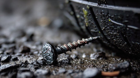 This close-up image features a rusty screw lying in dark gravel next to a car tire, illustrating an unexpected scene on a rainy day.の素材