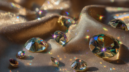 A captivating arrangement of sparkling gemstones scattered on smooth satin fabric. Soft light enhances the rich colors and textures, creating a luxurious atmosphere perfect for elegant design or fashion-themed projects.の素材