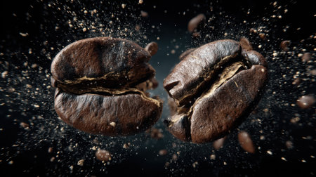 Stunning close-up image of roasted coffee beans splashing against a dark background, showcasing their unique textures and rich colors.の素材