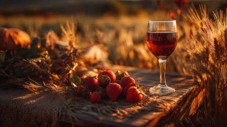 A picturesque sunset picnic features a glass of red wine beside fresh strawberries on a rustic table, surrounded by golden wheat fields.の素材