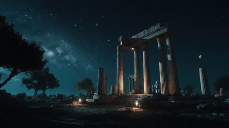 A breathtaking view of ancient ruins bathed in moonlight, with a star-filled sky overhead, creating a tranquil and mystical ambiance in the scene.の素材