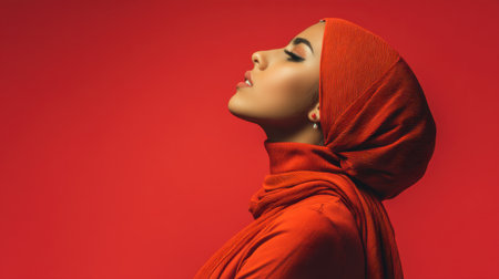 A stunning profile shot of a woman adorned in a stylish scarf, exuding elegance against a bold red background, showcasing beauty and grace.の素材