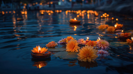 A peaceful night scene capturing floating candles surrounded by vibrant flowers on the water, creating a tranquil atmosphere perfect for meditation and relaxation.の素材
