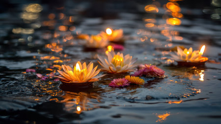 A captivating scene featuring delicate lotus flowers floating on water, illuminated by soft candlelight, creating a tranquil and serene atmosphere.の素材