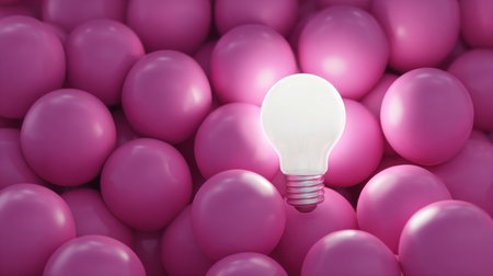 A unique light bulb stands out among vibrant pink balls, symbolizing creativity and innovative ideas in a fun and energetic setting.の素材