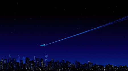 Captivating digital artwork of an airplane soaring over a vibrant city skyline at night, illuminated by twinkling stars and a serene atmosphere.の素材
