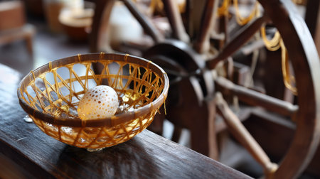 This image features a golden basket with a single egg, set against a vintage spinning wheel backdrop. It captures rustic charm and craftsmanship.の素材