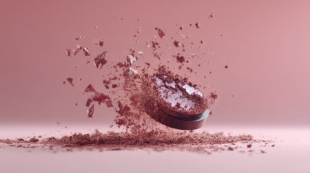 Dynamic shot of powdered cosmetics bursting in mid-air, showcasing fine texture and soft pink color, perfect for beauty branding and promotion.の素材