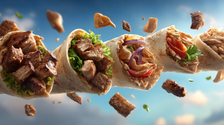 Experience a visual feast of wrap sandwiches bursting with grilled meat and fresh vegetables, set against a stunning sky backdrop.の素材