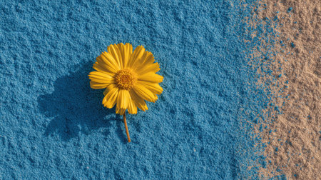 A stunning yellow flower stands boldly against a blue and beige sand backdrop, showcasing a beautiful contrast of colors and textures. Perfect for nature themes.の素材
