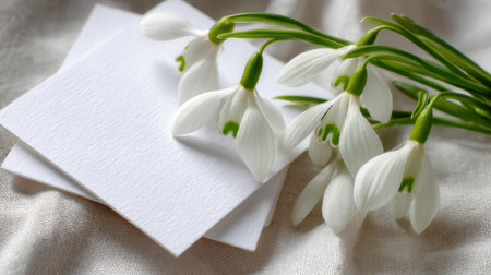 A serene arrangement of delicate snowdrop flowers alongside blank cards on soft fabric, perfect for invitations or creative projects.の素材