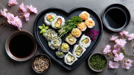 A beautifully arranged heart-shaped sushi platter features a variety of colorful rolls, surrounded by delicate cherry blossoms and soy sauce dishes, perfect for a romantic meal or special occasion.の素材