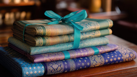 Discover the beauty of elegant handwoven textiles stacked neatly with vibrant colors and decorative ribbons, perfect for enhancing any cozy interior.の素材
