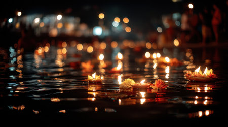 A tranquil night scene capturing floating candles on water, soft lights reflecting in a serene environment, perfect for evoking peace and beauty.の素材
