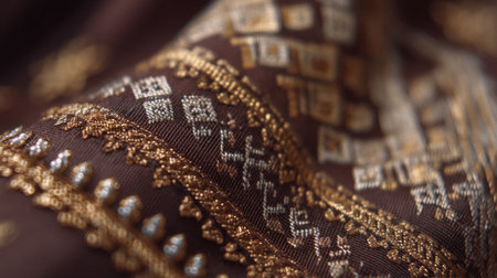 This stunning closeup image showcases an intricate fabric featuring elaborate golden patterns on a rich brown background. Perfect for textile and decor inspiration.の素材