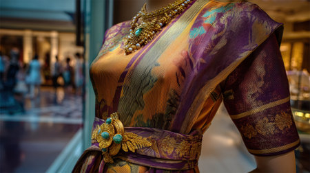 This image captures a beautifully crafted traditional garment on a mannequin, showcasing intricate patterns and ornate jewelry, set in a boutique atmosphere.の素材
