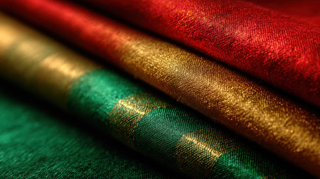 A stunning closeup of vibrant fabrics in red, gold, and green, showcasing rich textures and luxurious qualities ideal for creative projects.の素材