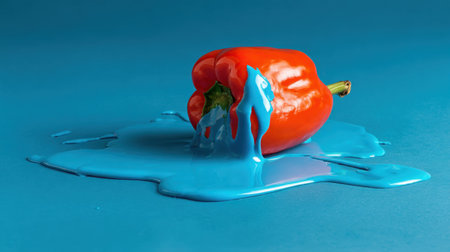 This imaginative image showcases a red bell pepper dripping blue paint, set against a striking turquoise backdrop. A playful composition that blends food art with surrealism.の素材