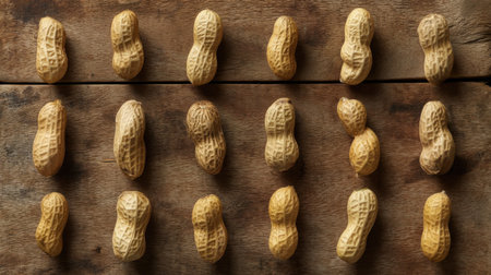 A captivating arrangement of raw peanuts on a rustic wooden surface, showcasing their textured shells. This image highlights natural food beauty and culinary creativity.の素材