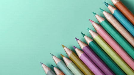 A vibrant collection of colored pencils in various shades arranged against a smooth mint green background, perfect for artistic inspiration and creative endeavors.の素材