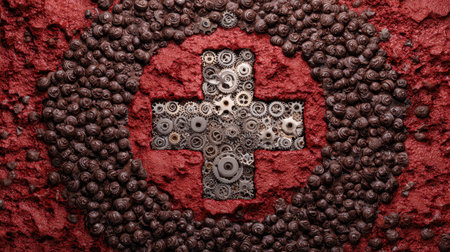 This intriguing artwork combines the organic forms of snail shells with mechanical gears arranged in a medical cross on a vivid red backdrop.の素材