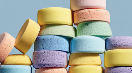 A vibrant and colorful stack of soft foam sponges, perfect for cleaning tasks in households. The arrangement showcases different pastel colors against a light blue background.の素材