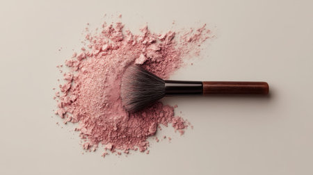 A makeup brush rests beside a pile of soft pink cosmetic powder on a neutral background, perfect for beauty and makeup themes.の素材